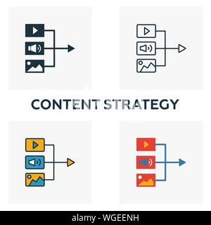 Inhalt Strategie Symbol gesetzt. Vier Elemente in verschiedenen Stilrichtungen von Inhalt icons Collection. Kreative Inhalte Strategie gefüllt Symbole, Outline, farbig Stock Vektor