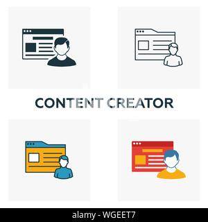 Content Creator Symbol gesetzt. Vier Elemente in verschiedenen Stilrichtungen von Inhalt icons Collection. Creative Content Creator Icons, Outline, farbige und Stock Vektor