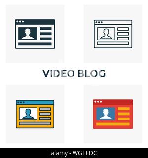 Video Blog Icon Set. Vier Elemente in verschiedenen Stilrichtungen von Inhalt icons Collection. Creative Video Blog Icons, Outline, farbige und flach Stock Vektor