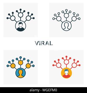 Virale Icon Set. Vier Elemente in verschiedenen Stilrichtungen von Inhalt icons Collection. Kreative virale Icons, Outline, Farben und Symbole Stock Vektor