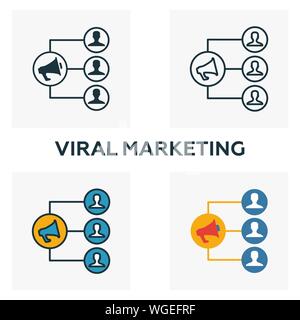 Viral Marketing Icon Set. Vier Elemente in verschiedenen Stilrichtungen von Inhalt icons Collection. Kreative Viral Marketing Icons, Outline, farbige und Stock Vektor
