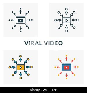 Viral Video Icon Set. Vier Elemente in verschiedenen Stilrichtungen von Inhalt icons Collection. Kreative viral Video Icons, Outline, farbige und flach Stock Vektor