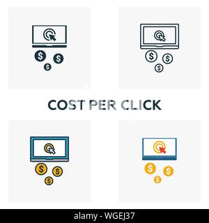 Kosten pro Klicken Sie auf das Symbol Einrichten. Vier Elemente in verschiedenen Stilrichtungen von Inhalt icons Collection. Kreative Kosten pro Klick Icons, Outline, farbige und Stock Vektor