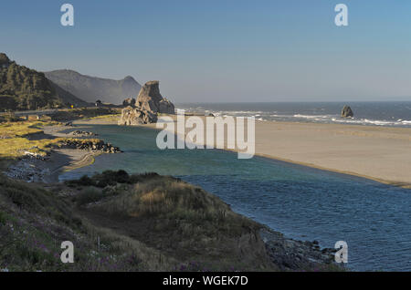 Morgen Aussicht auf den Strand mit dem Küssen Felsen im Hintergrund und uns 101 Daneben läuft, am Gold Beach, Oregon Stockfoto