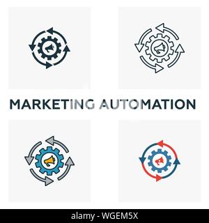 Marketing Automation Icon Set. Vier Elemente in verschiedenen Stilrichtungen von Inhalt icons Collection. Creative Marketing Automation Icons, Umriss Stock Vektor