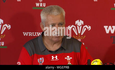 Screen Grab von PA Video von Wales Trainer Warren Gatland, während einer Pressekonferenz auf der Vale Resort Hensol. Stockfoto