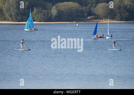 Menschen Paddle Boarding auf Alton Wasser, in Suffolk, Vereinigtes Königreich. Stockfoto