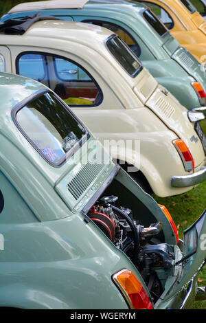 Bunte Line up der klassischen Fiat 500 Autos an einem Auto Show, Großbritannien Stockfoto