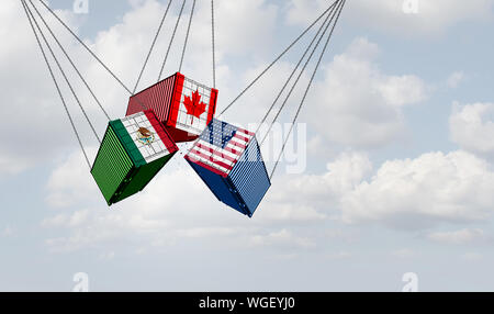 USMCA Nordamerika oder die neue NAFTA USA Mexiko Kanada abkommen Symbol mit Flaggen als Handelsabkommen Verhandlungen und wirtschaftlichen Abkommen. Stockfoto