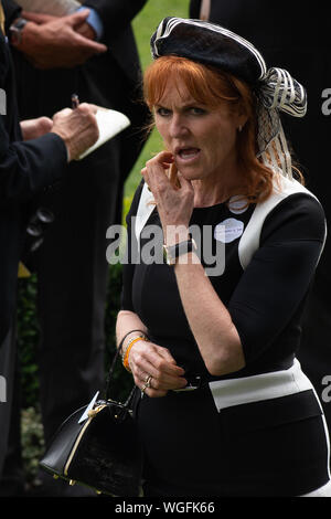 Ascot, Berkshire, Großbritannien, 23. Juni 2017. Sarah, Herzogin von York trägt ein schwarzes und weißes Kleid zu Royal Ascot. Credit: Maureen McLean/Alamy Stockfoto