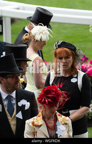 Ascot, Berkshire, Großbritannien, 23. Juni 2017. Sarah, Herzogin von York trägt ein schwarzes und weißes Kleid zu Royal Ascot. Credit: Maureen McLean/Alamy Stockfoto