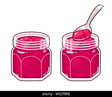 Himbeermarmelade in Glas Glas mit Löffel. Traditionelle hausgemachte Konfitüren in Hand gezeichnet Cartoon Stil. Vector clip art Illustration. Stock Vektor
