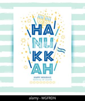 Jüdische Feiertag Hanukkah Greeting Card traditionelle Chanukah Symbole. Stock Vektor