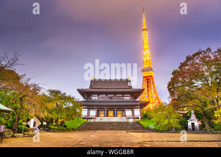 Tokio, Japan Tower und Tempel in der Dämmerung im Herbst. Stockfoto