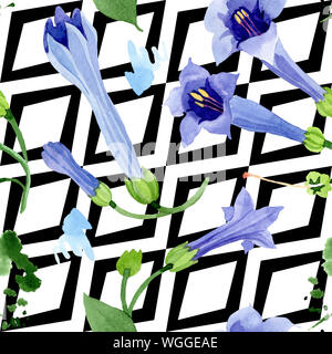 Blau Engelstrompeten floral botanischen Blumen. Aquarell Hintergrund Abbildung. Nahtlose Muster. Stockfoto