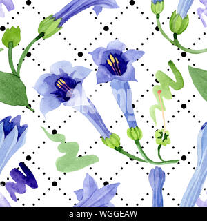 Blau Engelstrompeten floral botanischen Blumen. Aquarell Hintergrund Abbildung. Nahtlose Muster. Stockfoto