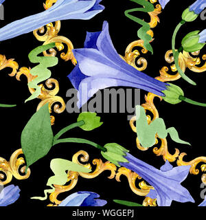 Blau Engelstrompeten floral botanischen Blumen. Aquarell Hintergrund Abbildung. Nahtlose Muster. Stockfoto