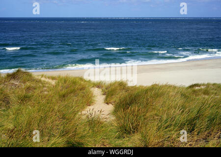 Strand, grasbewachsenen Dünen und blaues Meer. Stockfoto