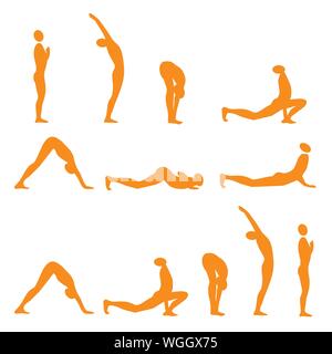 Yoga Sonnengruss. Illustrierte Anweisungen für Sun salute Übungen. Vector zur Verfügung. Stock Vektor