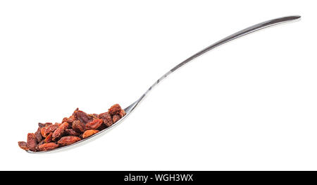 Seitenansicht der Löffel mit getrockneten Goji Beeren auf weißem Hintergrund Stockfoto