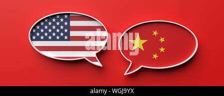 Handelskrieg, China und USA. Chinesische und Amerikanische Flagge Sprechblasen gegen roten Hintergrund, Banner. 3D-Darstellung Stockfoto