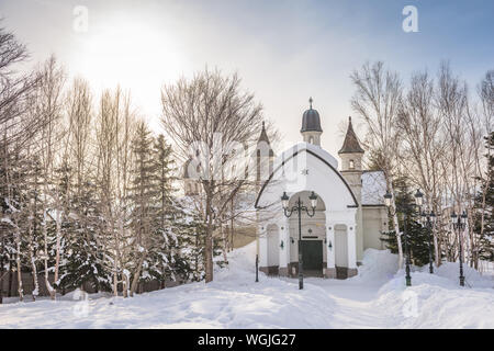 ASAHIKAWA, JAPAN - FERUARY 12, 2017: Der Schnee Crysal Museum in der Dämmerung. In einem Europäischen inspiriert Schloss untergebracht, das Museum konzentriert sich auf die natürlichen Wonde Stockfoto