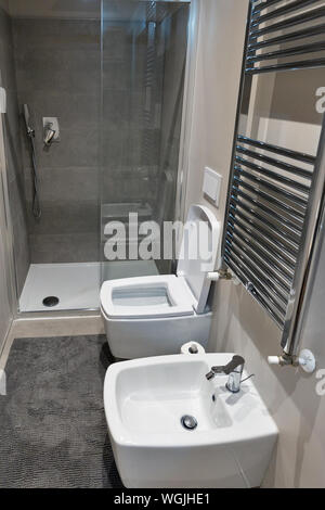 Modernes Hotel, kleines Bad mit Toilette und Bidet closeup Stockfoto