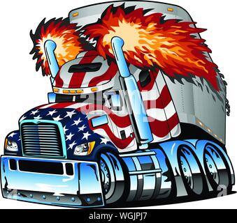 Patriotische amerikanische Flagge Semi Truck Traktoren Anhänger Big Rig Cartoon isoliert Vektor Illustratio Stock Vektor