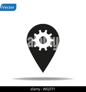 Karte Marker mit Zahnrad, Karte, GPS-Position Symbol, Vektor Illustration auf weißem Hintergrund. Stock Vektor