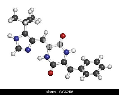 Plinabulin Krebsmedikament Molekül. 3D-Rendering. Atome sind als Kugeln mit konventionellen Farbcodierung: Wasserstoff (weiß), Kohlenstoff (grau), Nitro vertreten Stockfoto