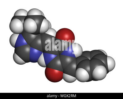 Plinabulin Krebsmedikament Molekül. 3D-Rendering. Atome sind als Kugeln mit konventionellen Farbcodierung: Wasserstoff (weiß), Kohlenstoff (grau), Nitro vertreten Stockfoto