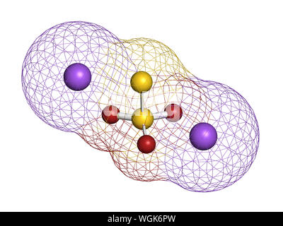 Natriumthiosulfat, chemische Struktur. 3D-Rendering. Atome sind vertreten als Kugeln mit konventionellen Farbcodierung: Schwefel (Gelb), Sauerstoff (rot), Stockfoto