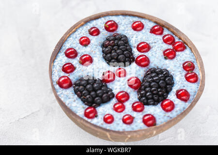 Über Nacht blau Spirulina oder Blau matcha Pulver Chia Samen Milchreis mit frischen Brombeeren und roten Johannisbeeren Beeren in einer trendigen coconut Schüssel. Kopieren Sie Raum, Stockfoto
