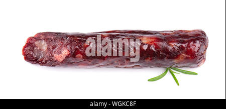Pferd Wurst. Leckere getrocknete Wurst,, schließen auf weißem Hintergrund. Stockfoto