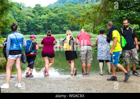 Die Leute zu beobachten die kleinen Forellen in der Forellenzucht Teich, Szalajka-völgy Szalajka-tal, Ungarn Stockfoto