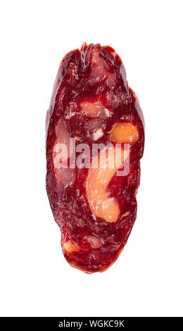 Pferd Wurst in Scheiben schneiden. Leckere getrocknete Wurst,, schließen auf weißem Hintergrund. Ansicht von oben. Stockfoto