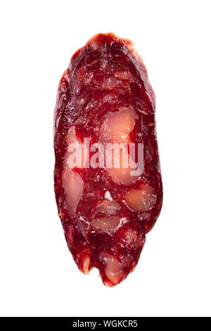 Pferd Wurst in Scheiben schneiden. Leckere getrocknete Wurst,, schließen auf weißem Hintergrund. Ansicht von oben. Stockfoto
