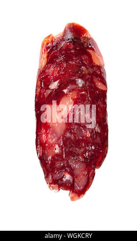 Pferd Wurst in Scheiben schneiden. Leckere getrocknete Wurst,, schließen auf weißem Hintergrund. Ansicht von oben. Stockfoto