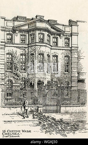 DANTE GABRIEL ROSSETTI (1828-1882), britischer Dichter und Maler. Sein Haus bei 16 Cheyne Walk über 1912 - in einer Reihe von bemerkenswerten Häuser von Frederick Adcock in dieser Periode erstellt. Stockfoto