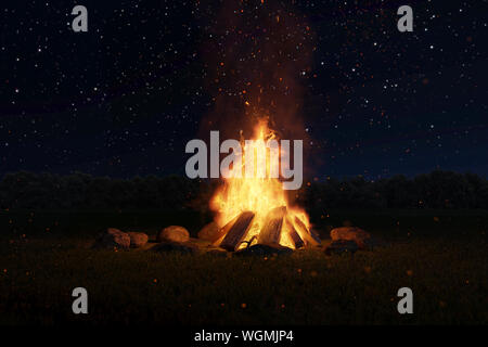 3D-Rendering von großen Lagerfeuer mit Funken und Partikel vor Wald- und Sternenhimmel Stockfoto