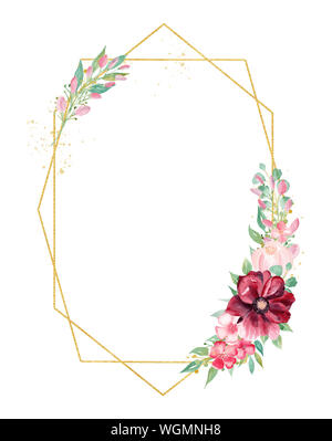 Blühender Zweig Blumen Aquarell Hand gezeichnet Raster frame Vorlage. Blumen Foto Dekor. Blüten und Blätter, Magnolia Zweig auf Draht mit Copyspace. Weddi Stockfoto