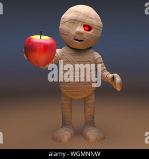 Untote ägyptische Mumie Monster, das Essen eines Apfels, 3d-Grafik rendern Stockfoto