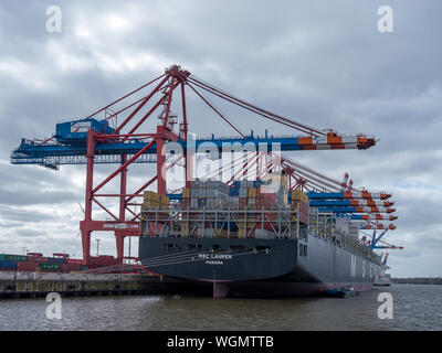 Hamburg, Deutschland - 22 April 2016: Blick auf verankert Containerschiff MSC Lauren an Containerterminals Eurogate bei Tageslicht in Hamburg, Deutschland. Stockfoto