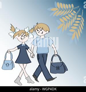 Vector Illustration zum Thema - Zurück in die Schule. Zwei weiße blonde Kinder, ein Junge und ein Mädchen, Hände halten, gehen zur Schule, Aktenkoffer in der Hand. Stock Vektor