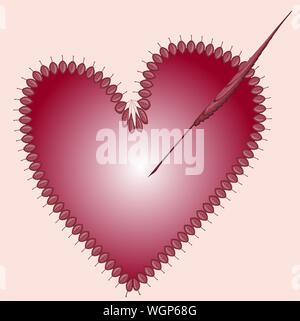 Kleine rote Blätter in Form von einem Rahmen in der Form eines Herzens durch einen Pfeil von einem großen Blatt durchbohrt. Die Abbildung auf das Thema - Goldener Herbst ist gekommen. Fallende Blätter. Gebrochenes Herz, unerwiderte Liebe. Bordeaux. Einrichtung, Design, Kunst, Zeichnung, Vektor Stock Vektor