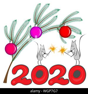 Vector Illustration, Postkarte - Frohes neues Jahr 2020. Chinesisches Horoskop - das Jahr der Ratte. Zwei graue Ratten in Liebe Treffen im neuen Jahr Stock Vektor