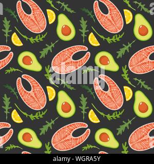 Nahtlose Muster auf dunklem Hintergrund mit Lachs, Avocado, Rucola und Zitrone in Scheiben schneiden. Rote Fische und Avocado Hintergrund. Vector Illustration. Stock Vektor
