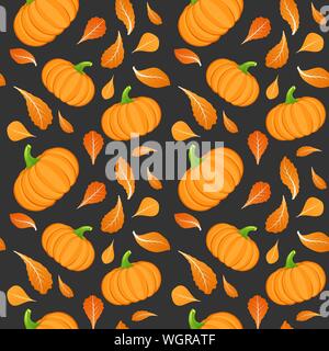 Nahtlose Muster auf dunklem Hintergrund mit orange Kürbis. Kürbis Gemüse. Herbst Hintergrund. Vector Illustration. Stock Vektor