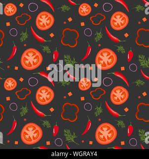 Nahtlose Muster auf dunklem Hintergrund mit rotem Gemüse. Tomaten, Paprika, Peperoni, Zwiebeln und Dill. Vector Illustration. Stock Vektor