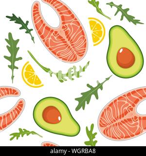 Nahtlose Muster auf weißem Hintergrund mit Lachs, Avocado, Rucola und Zitrone in Scheiben schneiden. Rote Fische und Avocado Hintergrund. Vector Illustration. Stock Vektor